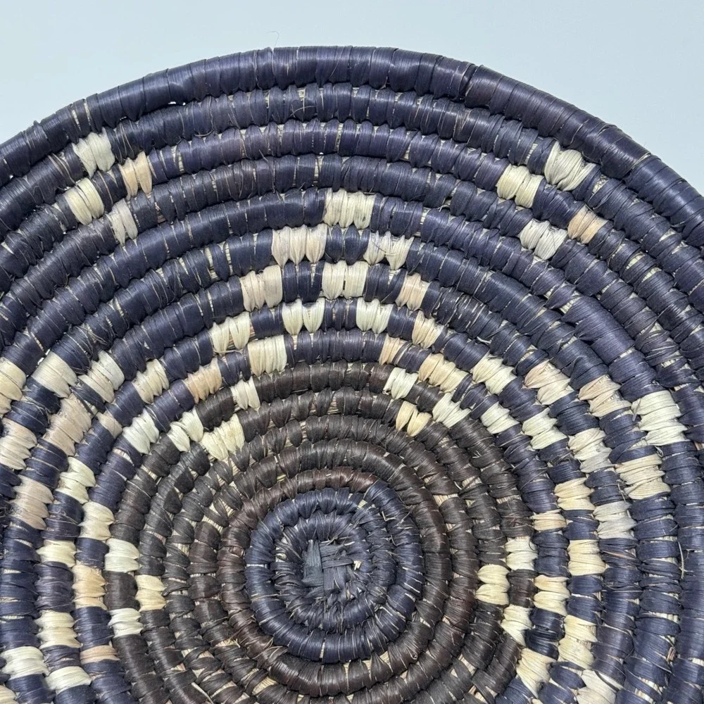 Vintage Handwoven Coiled Basket Bowl Black & Natural Tribal Woven 9